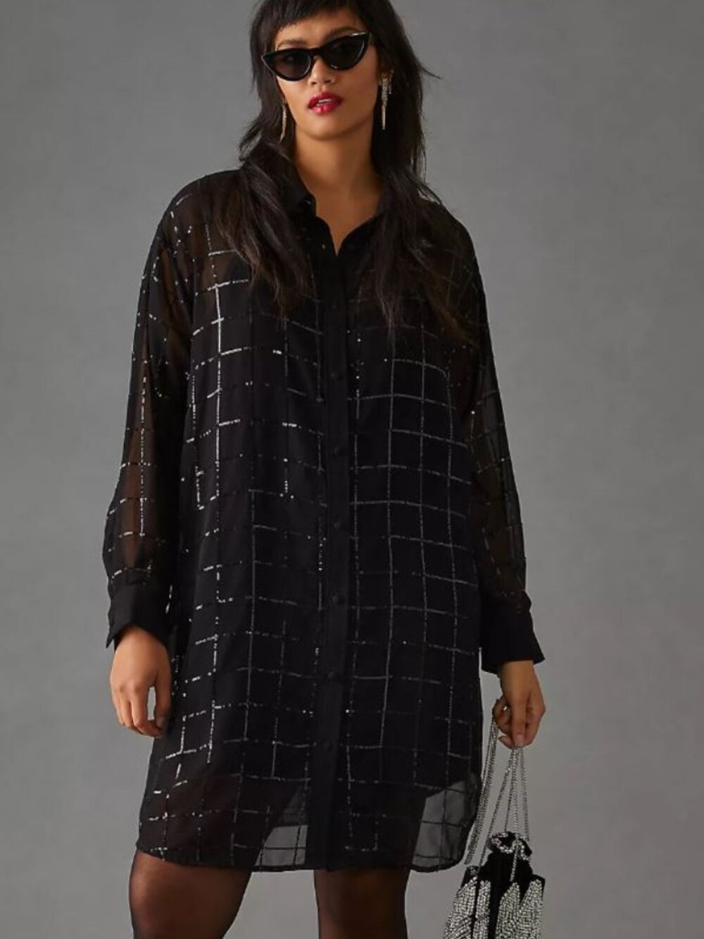 Rinku Dalamal Anthropologie | Black Sequin Button Up Shirt Dress | Large